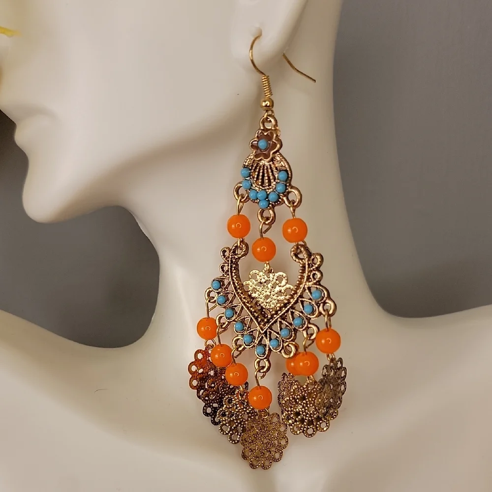 Boho Orange Blue Gold Chandelier Earrings Bohemian